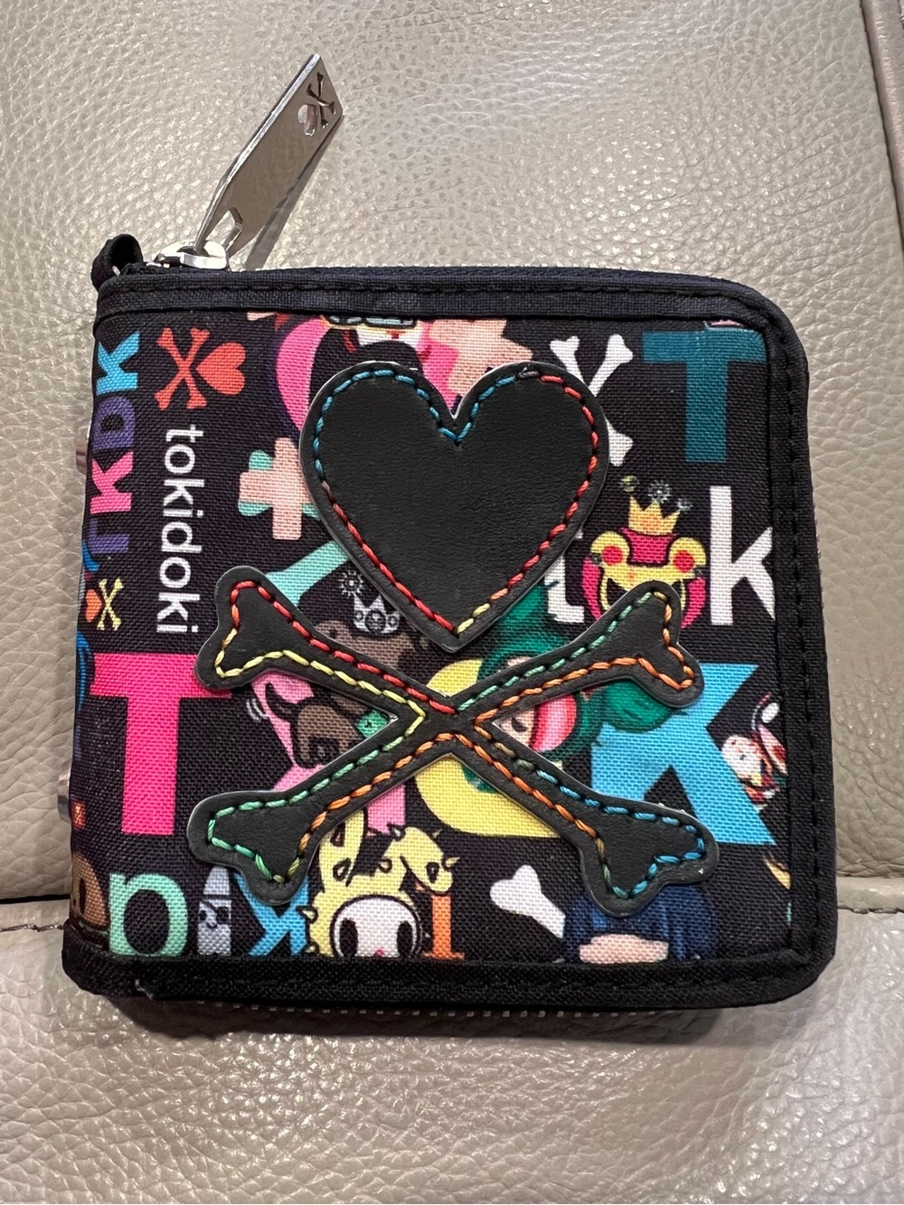 Tokidoki Zip-Around Wallet Heart & Crossbones Colorful Print Black Whimsigoth